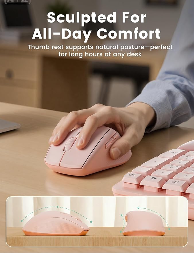 Pink Wireless Keyboard and Mouse Combo, 30dB Quiet Ergonomic Wave Keyboard Set with Soft Leather Palm Rest, Dual-System Switch for Windows/Mac, Ideal for Business Teams Home Office - SABLUTE MA41