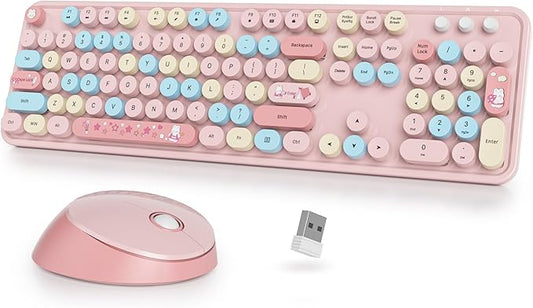 Cute Pink Keyboard and Mouse Combo Wireless, 2.4G Full Size 104-Key Retro Typewriter Keyboards Round Keys for Students Teenagers Home Office PC Laptop(Colorful Pink)