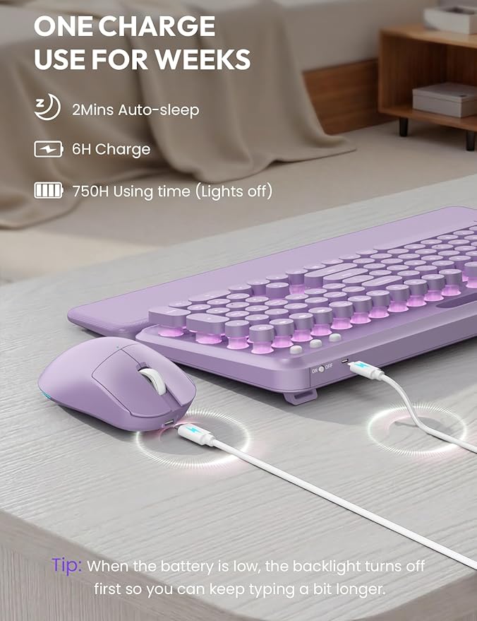 Wireless Keyboard and Mouse Combo - Backlit Typewriter Keyboard with Magnetic Wrist Rest & Phone Holder, Light Up Round Keys, 2.4GHz Cordless Set for Mac, Windows, PC, SABLUTE (Soft Lilac)