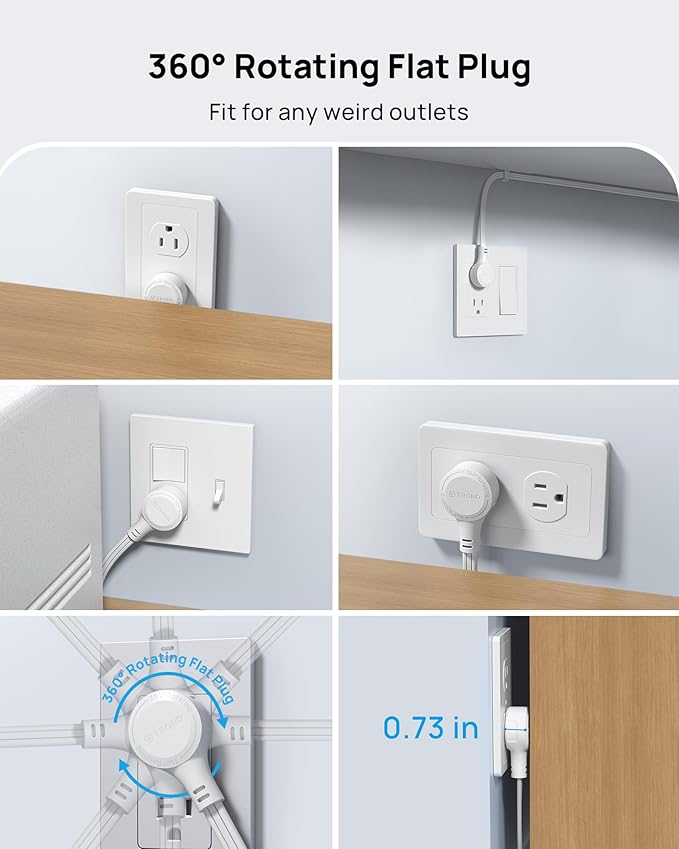 TROND 360° Rotating Flat Plug Power Strip with USB PD 20W, 10FT Flat Extension Cord Surge Protector 1300J with 9 Outlets 4 USB Ports, Wall Mountable, for Home Office Travel Dorm Room Essentials, White