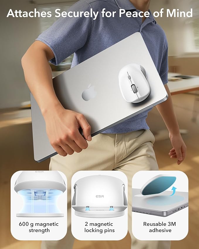 ESR MagMouse Snap-to-Carry Bluetooth Mouse, Rechargeable Wireless Mouse for Laptop with Built-in Charging Cable, Reusable Adhesive Holder, BT 5.0 + 2.4 GHz Connectivity, Silent, Ergonomic, White