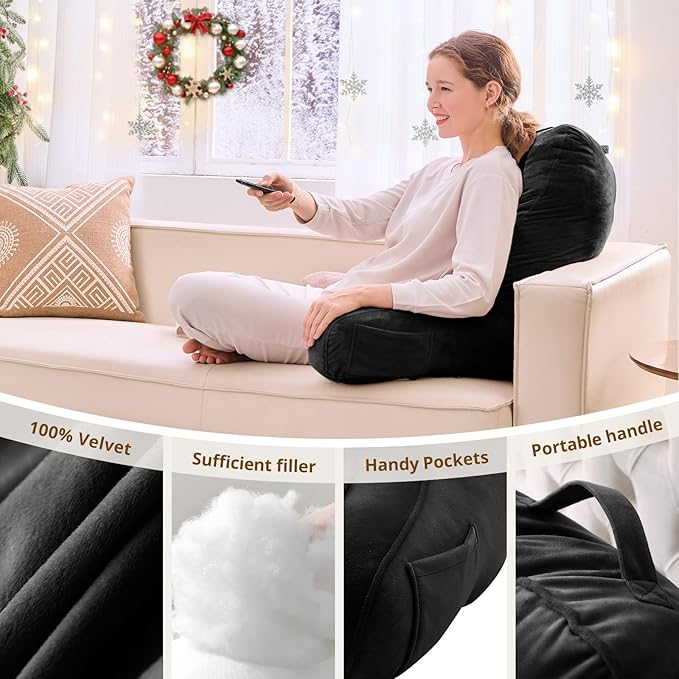 Sasttie Reading Pillow for Bed - 23 Inch, Back Pillow for Bed Sitting Up, Back-Rest Support Cushion with Side Pockets and Arms, Dorm Essentials, Oeko-Tex Certified, Black