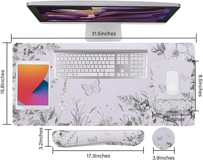 MEGREZ 4-in-1 Ergonomic Memory Foam Wrist Rest Set, Desk Pad, Mouse Pad with Wrist Rest, Keyboard Pad, Suitable for Office Workers, Programmers & Gamers–Relieve Typing & Gaming Fatigue, Green Flower