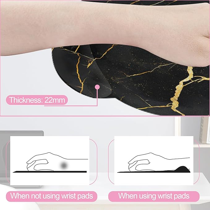 Golden Black Flowing Marble Mouse Pad with Wrist Rest and Keyboard Wrist Rest Set, Non-Slip Rubber Base Memory Foam Mouse Pad Set for Women, Office Desk Accessories, Gaming