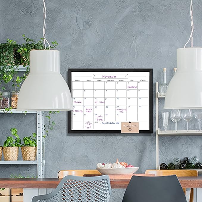 Dry Erase Monthly Calendar Whiteboard, Magnetic White Board for Wall, Hanging Board for Office, Home School, Solid Pine Wood Black Framed Message Board, 13"x 17"(YL-BK-3343-B)