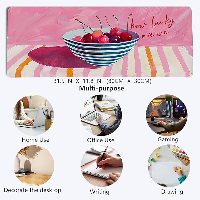Pink Cherry Mouse Pads,Fun Girly Offices Decor Desk Mat,Pink Preppy Desk Mat,How Luck XL Large Mouse Pad,Fun Office Accessories Decor for Women Home Office Dorm 31.5x11.8Inch