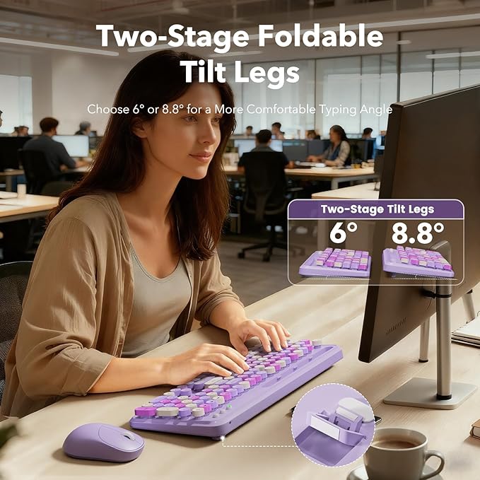 Wireless Keyboard and Mouse Combo, Retro Round Keycaps, Full-Size Stylish Typewriter Keyboard with Large Phone/Tablet Holder, 3-Level DPI Ergonomic Mouse, 2.4GHz Cordless for Windows PC, Lavender Mist