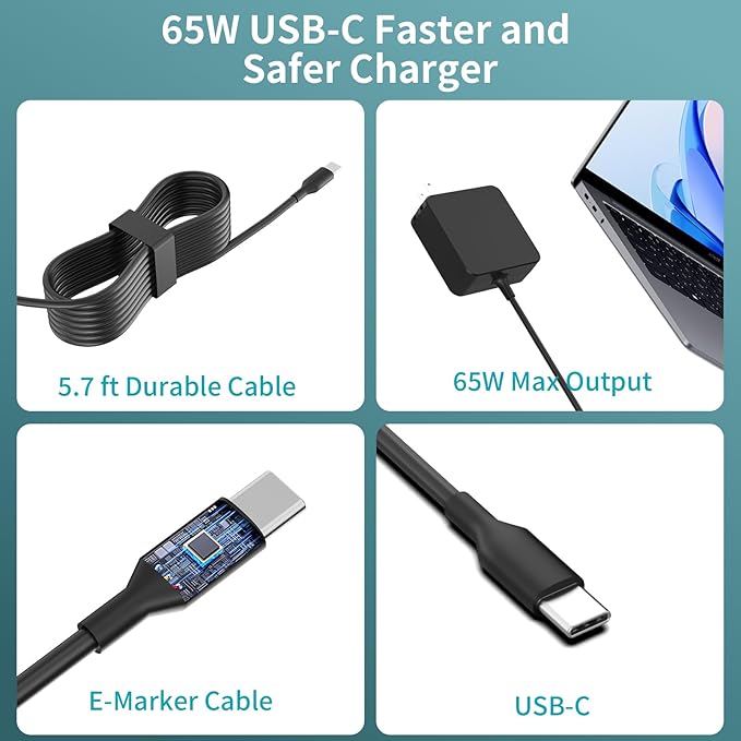 65W USB C Laptop Charger for Home, Office & Travel, Type C Adapter Compatible with MacBook Air/Pro, Dell XPS/Latitude, Lenovo ThinkPad, HP Spectre/Envy, Huawei MateBook and More