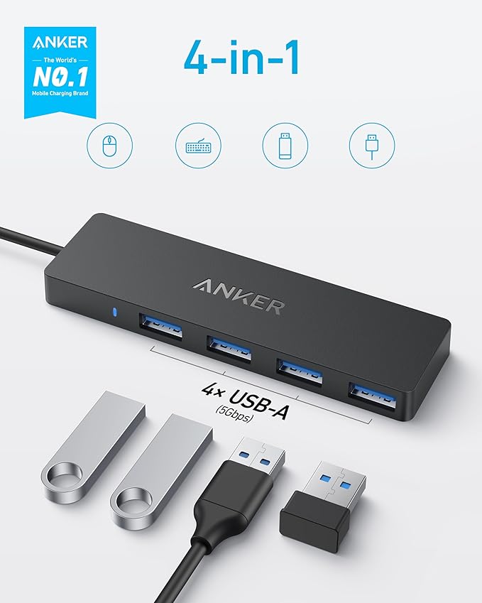 Anker USB C Hub 4 Ports, Multiple USB 3.0 Hub with 5Gbps Data Transfer, Extender for Type C Port Laptop, PC, Desktop and More (0.7 ft USB-C Connector, Charging Not Supported)