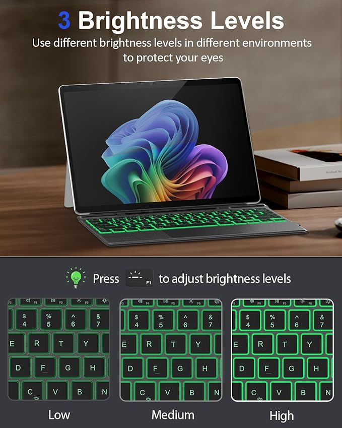 MoKo Type Cover for Microsoft Surface Pro 11/10/9/8/X Keyboard, Wireless Bluetooth Surface Pro Keyboard with 7 Colors Backlit, Touchpad, Sleep/Wake Function, Pencil Holder, Rechargeable Battery, Black