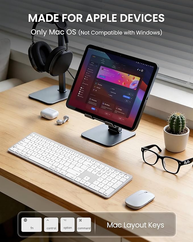 SABLUTE Bluetooth Keyboard and Mouse for Mac — 7-Color Backlit, Multi-Device, Rechargeable, Full-Size Wireless Keyboard Mouse Combo with Quiet Scissor-Switch Keys & Tilt Legs for Mac (Silver White)