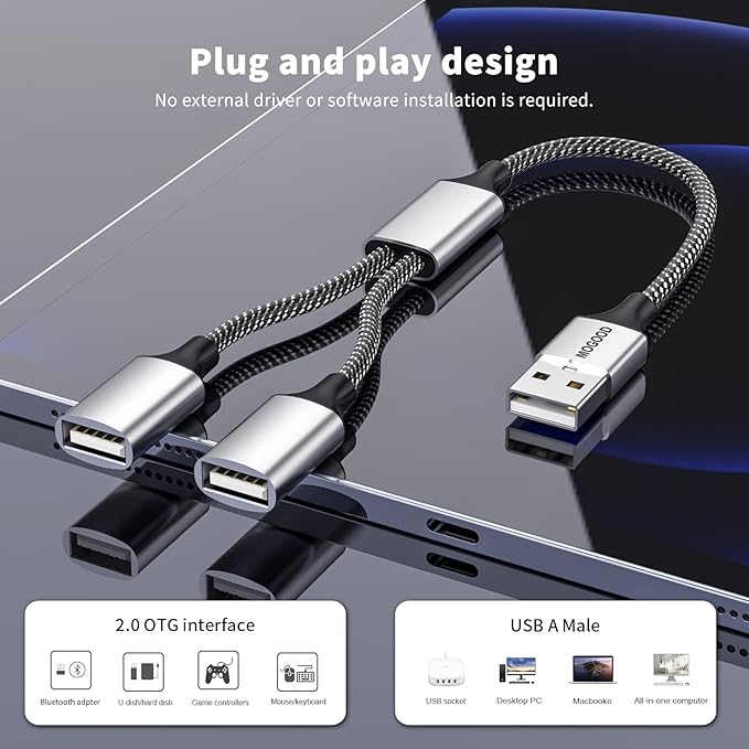 MOGOOD USB Splitter Cable USB y Splitter Adapter Dual USB 2.0 Power Cord Extension for Charging/Data Transfer/Laptop/Mac/Car