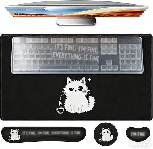 Desk Mat Set, Large Gaming Mouse Pad with Wrist Rest,Ergonomic Mouse Pad,Home Office Desk Accessories Decor Supplies(Cat)