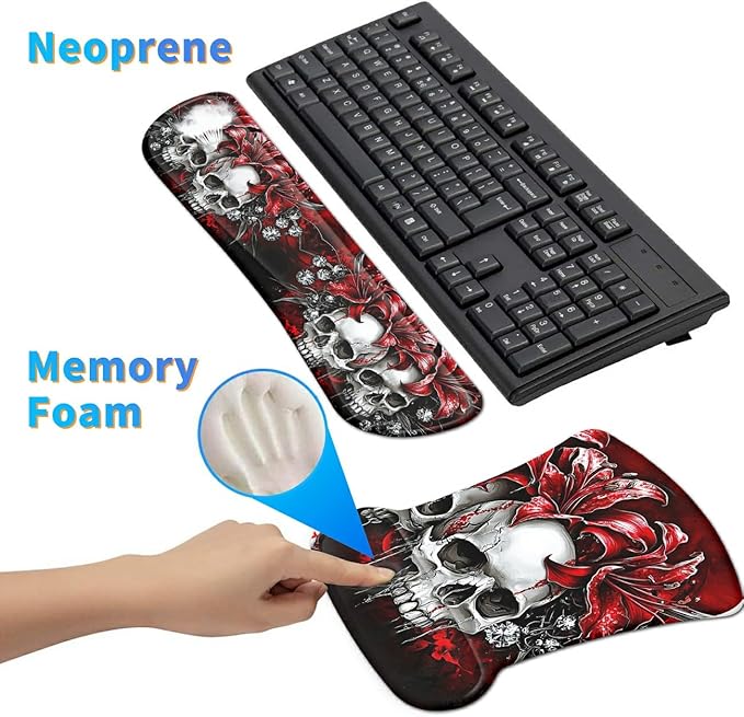 Ergonomic Mouse Pad with Wrist Support Gel Mousepads and Upgrade Keyboard Wrist Rest Pad Set, Coasters Non-Slip PU Base Mouse Mat for Office Gaming Computer Laptop Home, Red Flower Skull