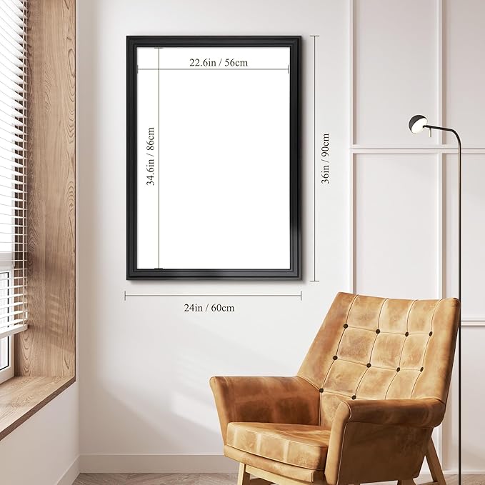 4 THOUGHT Magnetic Whiteboard 36" x 24" Dry Erase Board Wood Frame Wall-Mounted Decorative White Board Monthly Planner Notice Board for Office School Home with 8 Magnets 4 Markers 1 Eraser, Black