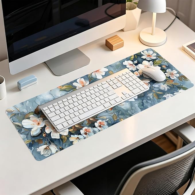 Navy Blue Vintage Watercolor Flowers Mouse Pad,Aesthetic Summer Flower Desk Mat,Spring White Wildflowers Mouse Pad,Elegant Botanical Mousepad for Home Office Dorm Desktop Decor,31.5x11.8 Inch