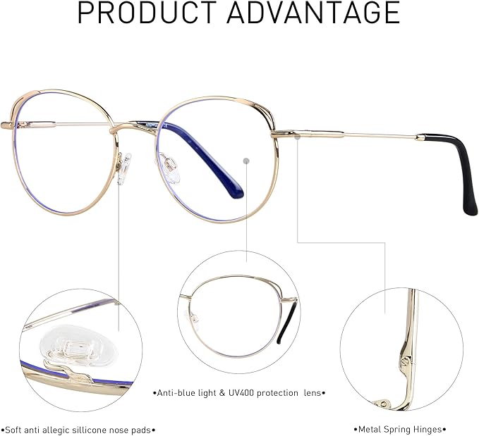 ANDWOOD Blue Light Blocking Glasses Women Cat Eye Computer Eyeglasses Metal Frame Hipster 2 Pack