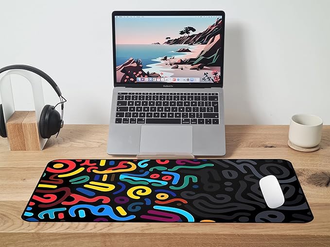 Colorful Line Desk Pad, Abstract Art Mouse Pad Mat XXL, Black Large Office Desk Keyboard Pad, with Non Slip Rubber Base and Stitched Edges Mouse Pad, Game Player's Desktop Decor 31.5"X15.7"