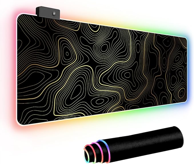 RGB Mouse Pad LED Desk Mat Large Gaming Mousepad Black and Gold Line Design, Keyboard Pad XL Mouse Mat for Home and Office (Black with Gold Topographic Line)