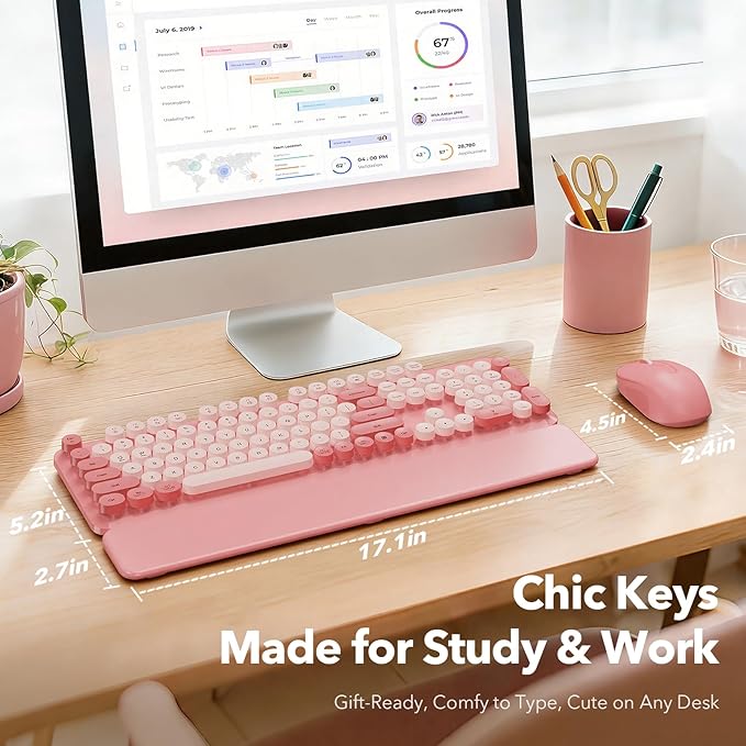 Wireless Keyboard and Mouse Combo with Detachable Magnetic Wrist Rest, Retro Typewriter-Style Keyboard, Round Keycaps, Adjustable Legs, 3-Level DPI Mouse, 2.4GHz for Windows PC/Laptop (Blush Pink)