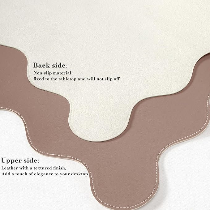 iCasso Leather Desk Pad,Extra Large Mouse Pad for Laptop,Waterproof PU Nail Table Mat,Cute Scalloped Keyboard Mats for Women Girl,Non-Slip Desk Cover Mat for Office Home School
