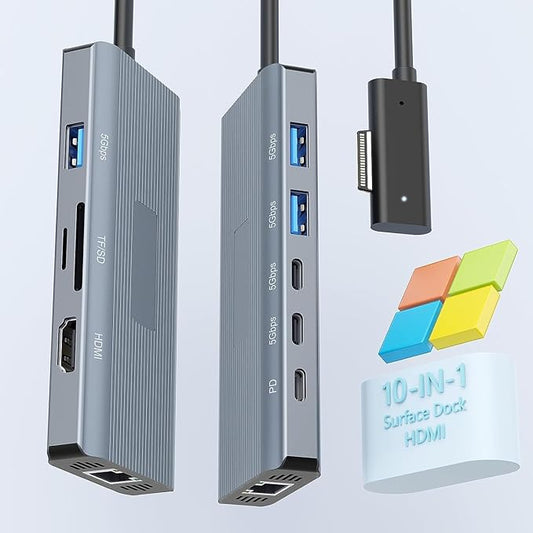 [2025 New] Surface Docking Station- 2 Year Warranty - 10 in 1 Surface Dock with HDMI Ethernet SD/TF 5*USB PD, Docking Station for Surface Pro 11/10/9/8/X/7/6/5, Surface Laptop,Surface Book