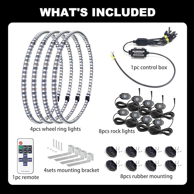 Pure White 8Pods Rock Lights and 17inch Double Row Wheel Ring Lights Combo 6000K LED Underglow Light and Rim Light Kit Fit for Trucks, Pickup
