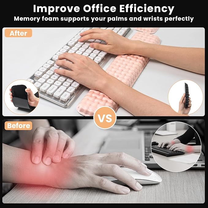 Ergonomic Pink Wrist Rest for Keyboard and Mouse, Memory Foam Wrist Cushion, Wrist Support for Keyboard, Laptop, Mac, Office, Work, Gaming