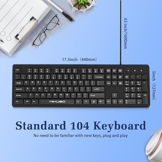 Fade-Proof Lettering Wired Keyboard Full Size - Black Office Keyboard With Laser Etched Keys, Integrated Bracket, Spill-Resistant Design 5.2ft Usb Cable For Windows - Ergonomic Typing For Home Office