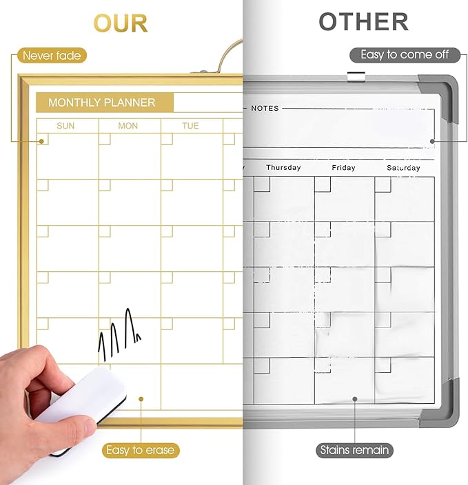 ARCOBIS Monthly Calendar Whiteboard - 12" x 16" Double-Sided Magnetic Dry Erase Board with Gold Frame - Portable Wall Hanging Planner for Home, Office, School