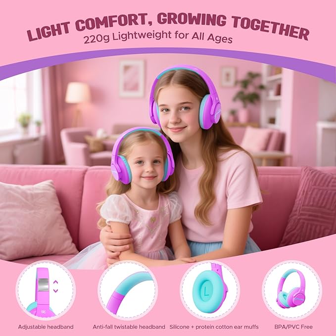 Steellumen Nova1Lite Kids Wireless Active Noise Cancelling Headphones, Bluetooth 5.3, Safe Volume 74/85/94dB, Real 40H Battery, Type-C Fast Charging, boy Girl Built-in Mic for School Travel Airplane