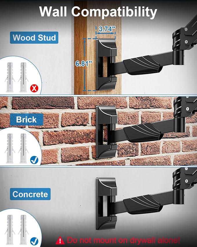 Monitor Wall Mount for Max 43", Premium Single Wall Monitor Mount Holds up to 33.1lbs Ultrawide Computer Screen, Height Adjustable Full Motion Gas Spring Vesa Wall Mount, Max 200x200mm