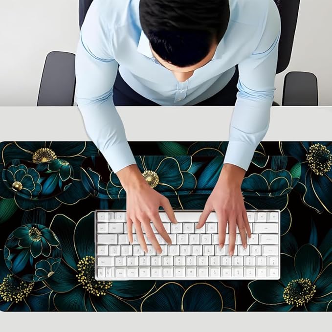 4 in 1 Large Keyboard Mouse Pad Set, Ergonomic Keyboard Wrist Rest Pad, Wrist Support Mousepad Set, Cup Coaster, Extended Desk Mat for Home Game Women Office Desk Decor (Linear Flowers)