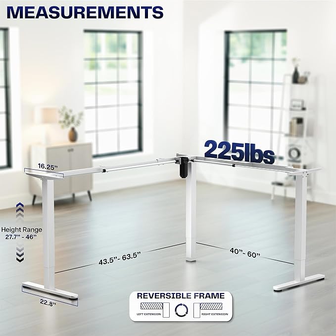 VIVO Large Electric Single Motor Height Adjustable 3-Leg CornerStanding Desk Frame, Holds up to 225 lbs, Sit Stand L-Shaped Motorized Legs Only, White, DESK-E375W