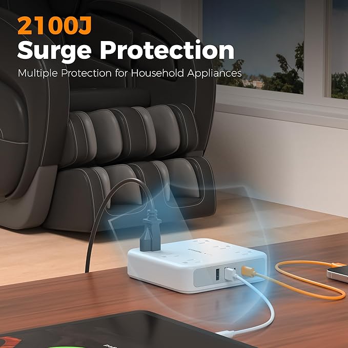 TESSAN Surge Protector Power Strip 2100J, 5 FT Extension Cord with Multiple Outlets Flat Plug, 4 USB (2 USB C) and 6 AC Outlets, Multi Port Charging Station for Home Office Dorm Room Essentials
