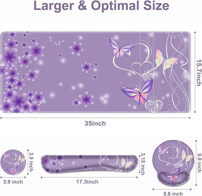 Purple Butterflies Florals Mouse Pad, XXL Large Desk Mat Extended Reading Desk pad, 4PCS Non-Slip Rubber Base Computer Big Mousepads for Work, Game, Office, Home Decor Girls Woemn Gifts Accessories