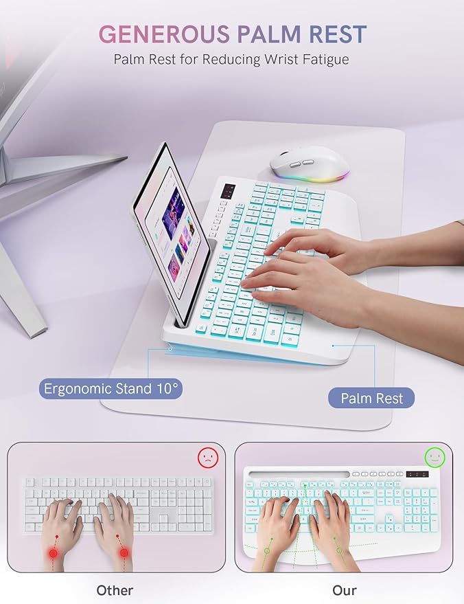 Trueque Wireless Keyboard and Mouse Combo with 7 Colored Backlits, Wrist Rest, Rechargeable Ergonomic Keyboard with Phone Holder, Silent Lighted Full Size Combo for Windows, PC, Laptop (Cloud White)