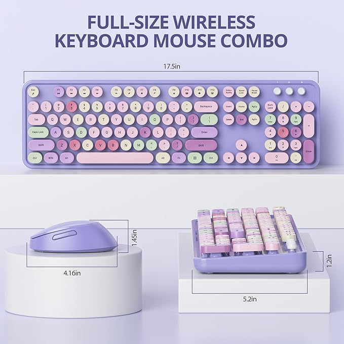 Purple Keyboard and Mouse Combo Wireless, 2.4G Full Size 104-Key Retro Typewriter Keyboards Round Keys for Students Teenagers Home Office PC Laptop(Colorful Purple)