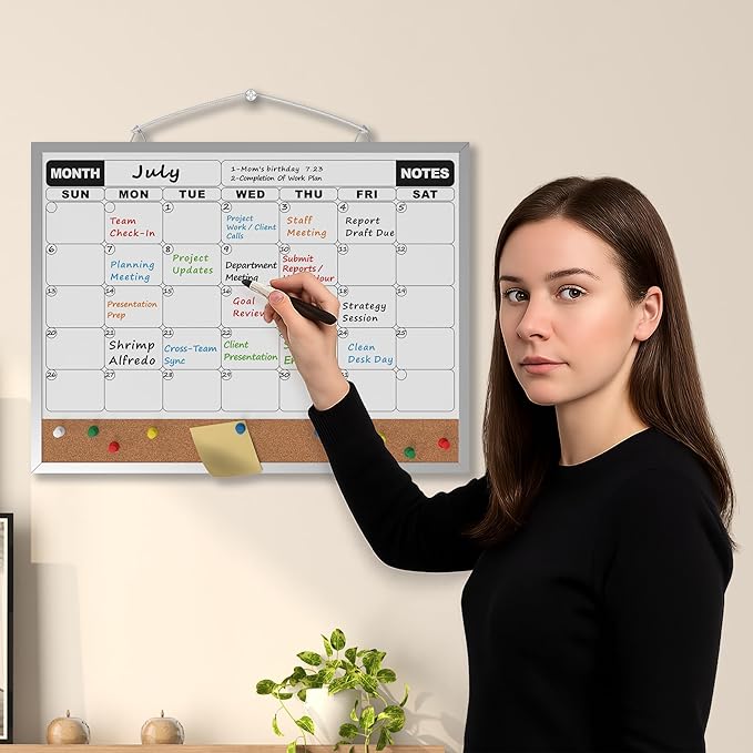 Monthly Calendar Dry Erase Board 16x12 Inch, Double-Sided Whiteboard and Corkboard Combo, Wall Mounted Planner Organizer with Markers, Magnets, Push Pins, Eraser, for Home Office School