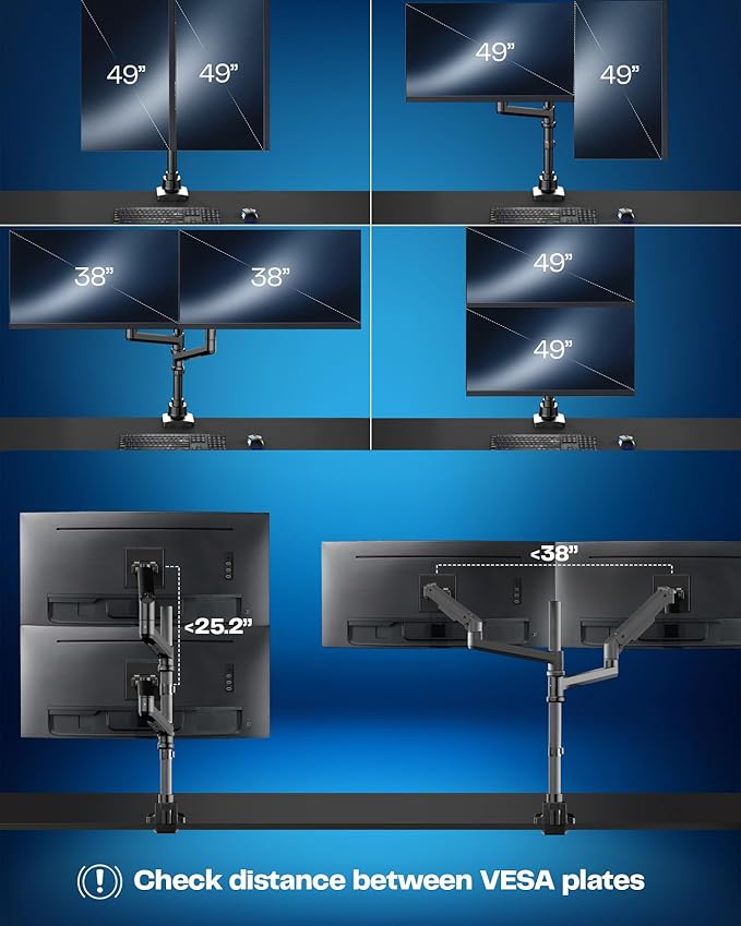 VIVO Pneumatic Arm Dual Ultrawide Monitor Extra Tall Desk Mount for Up to 49 inch Screens, Heavy Duty Clamp, Holds 2 Ultra Wides Up to 44 lbs, Black, STAND-V120K