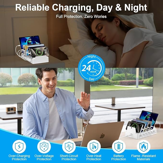 Charging Station for Multiple Devices, 6 Port USB Desktop Charger Dock Compatible with iPad, Samsung, Android, Tablet, Family Multi Phone Charging Organizer with Divider Holders, Fireproof ABS (Black)