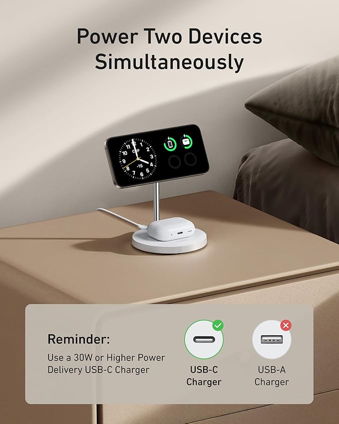 Anker MagSafe Compatible MagGo Charger Stand, iPhone 17 Wireless Charger, 2-in-1 Charging Station, Qi2 Certified 15W Fast Charging, for iPhone 17/16/15/14/13, AirPods Pro (White, with Cable)