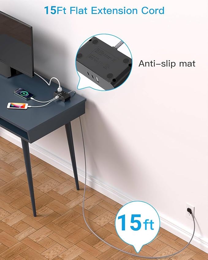 Black Flat Plug Power Strip, HANYCONY 15Ft Ultra Thin Flat Extension Cord, 3 Outlets 3 USB Ports(2 USB C) Multi Plug Outlet Extender with No Surge Protector for Cruise, Dorm Room Essentials