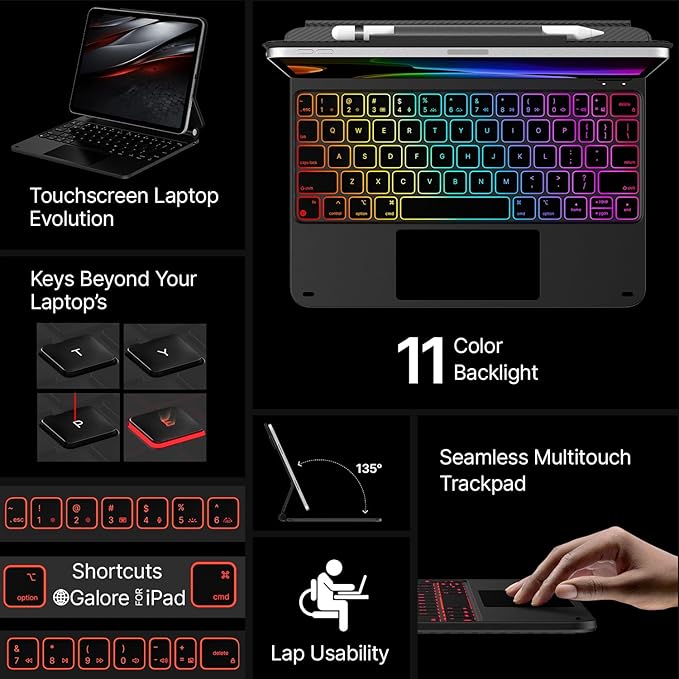 typecase Edge Keyboard Case for iPad 11th Gen A16 (2025) & 10th Gen 10.9" (2022) – Multi-Touch Trackpad, 11-Color Backlit Magic-Style Keyboard – Floating Magnetic Stand, Pencil Holder – Carbon Fiber