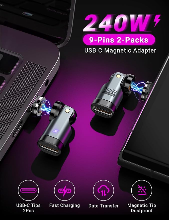 USB C Magnetic Adapter PD 240W(2Pack), 9PIN USB C 90 Degree Adapter/C Right Angle Adapters/360 &180 Degree C to C Adapters for 1Phone 17/16/15, Ma-Book Pro/1Pad Series, Samsung Galaxy, Tablet, Laptop
