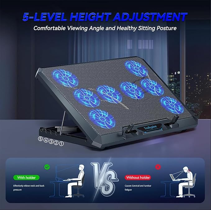 Laptop Cooling pad for Hp Chromebook x360 11 G4 Education Edition Gaming laptops, Laptop Cooler with 8 Fan, Adjustable Speed, 5-Level Height Adjustment, Mute Silent,2 USB-A Port，Built-in Phone Stand