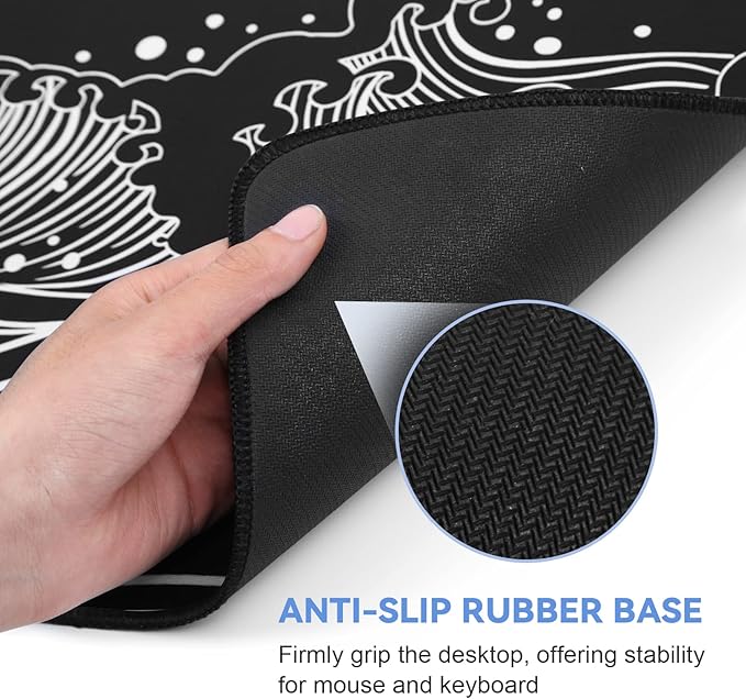 Gaming Mouse Pad - Large 31.5 x 11.8 in Black and White with Stitching Edges, Non-Slip Rubber Base Large Mouse Mat and Keyboard Pad (Sea Wave)