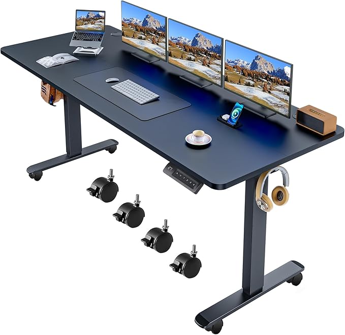 Electric Adjustable Standing Desk with Wheels, 63'' x 24'' Sit Stand with Dual Crossbeam Structure and Mouse Pad, 27''-46'' Lifting Range (Black)