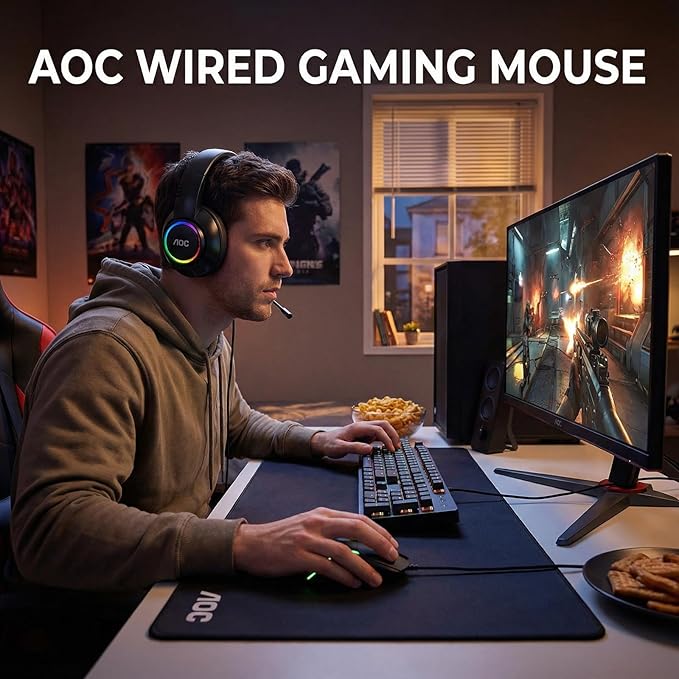 AOC GM170 Wired Gaming Mouse, Black Ergonomic Gamer Corded Mouse USB Computer Mouse Wired with 7 Buttons, Adjustable 7200DPI Optical Game Mice RGB Lighting for PC Laptop Desktop