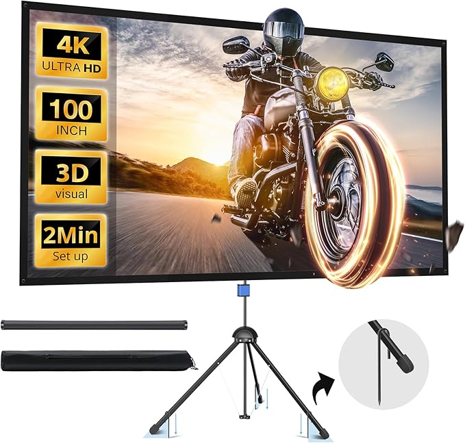 Projector Screen with Stand, Paris RHÔNE 100-inch Outdoor Indoor Projector Screen 16:9 4K HD PVC, 1.5 Gain Portable Wrinkle-Free Movie Screen for Home Backyard Theater with Carry Bag, Ground Nails